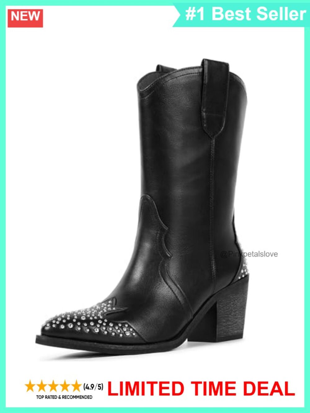 Faux Leather Studded Mid Calf Cowboy Boots Pointed Toe Chunky Heel